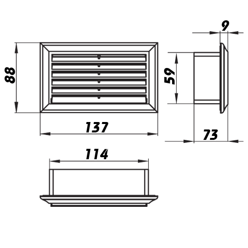PVC větrací mřížka hranatá pro zakončení vzduchovodu 110x55 mm