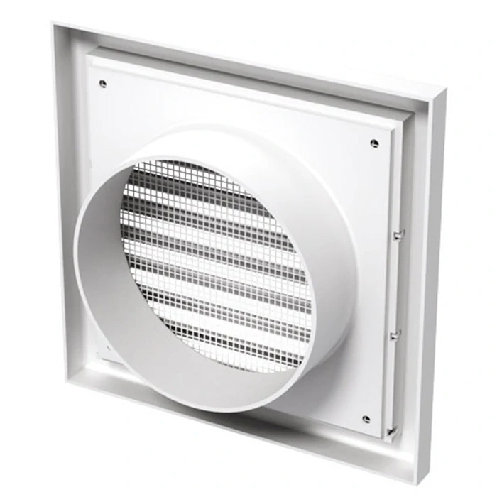 PVC větrací mřížka se síťkou, pevnou žaluzií a přírubou - 186x186/D150mm, bílá