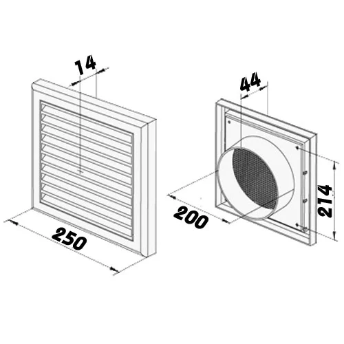 PVC větrací mřížka se síťkou, pevnou žaluzií a přírubou - 186x186/D150mm, bílá
