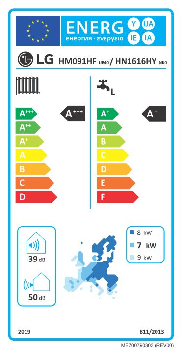 Tepelné čerpadlo LG Therma V R290 monoblok 9kW 1f HM091HF + HN1616HY s TUV 200L (novinka 2025) - energetický štítek