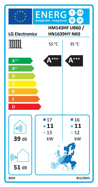 Tepelné čerpadlo LG Therma V R290 monoblok 16kW 3f HM163HF + HN1639HY s TUV 200L (novinka 2025) - energetický štítek